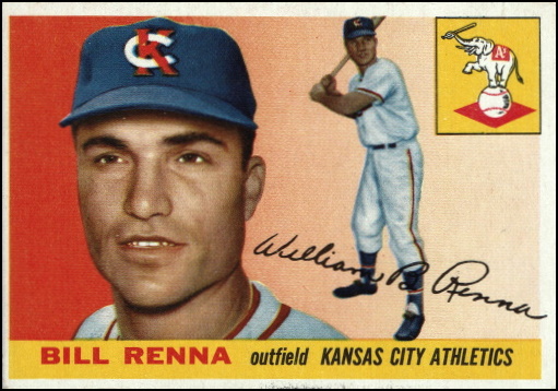 renna, big bill renna, 1955 topps #121, KC A's
